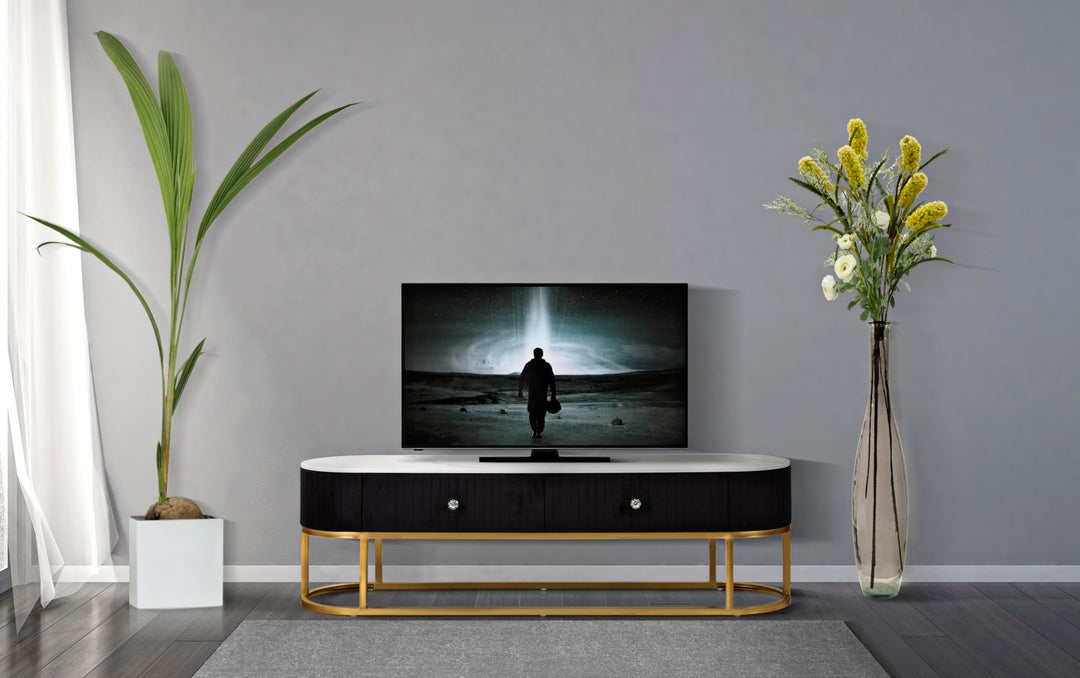 Mueble de TV de madera negra con base dorada – Montpellier unidad moderna