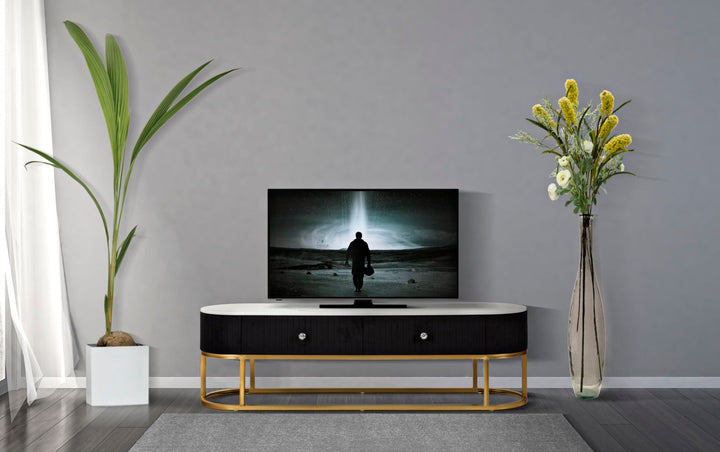 Mueble de TV de madera negra con base dorada – Montpellier unidad moderna