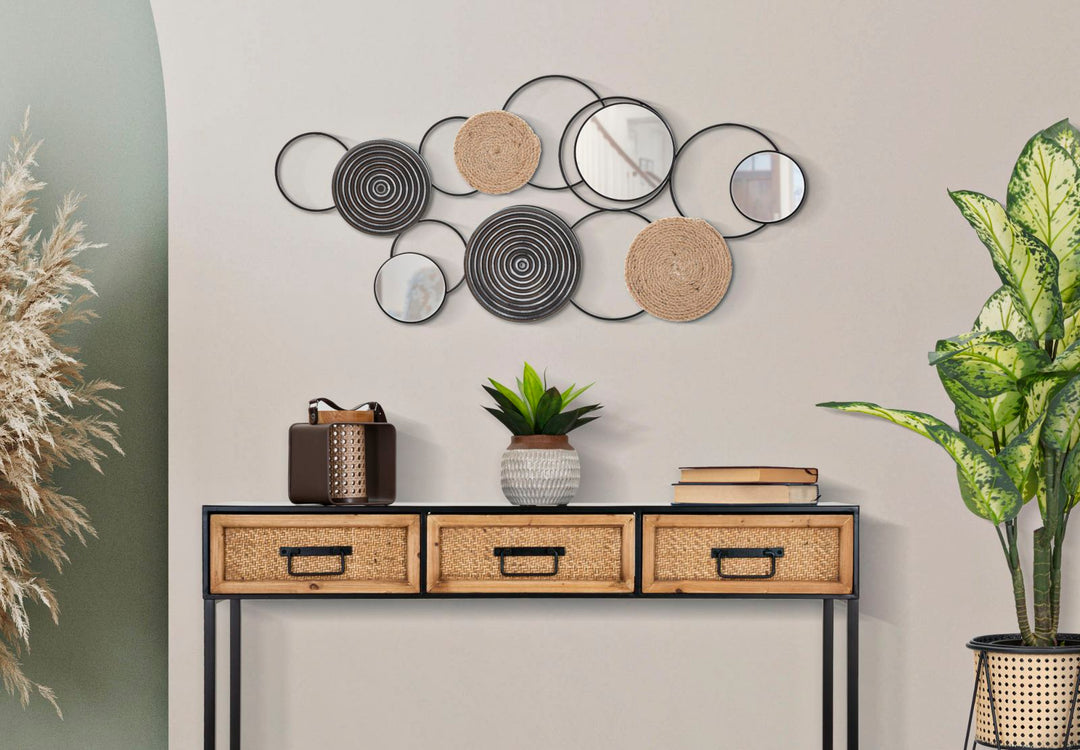 Espejo Redondo de Metal y Bambú Decoración de Pared