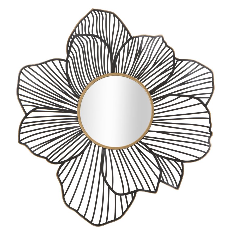 Metal Negro Floral Espejo de Pared Redondo