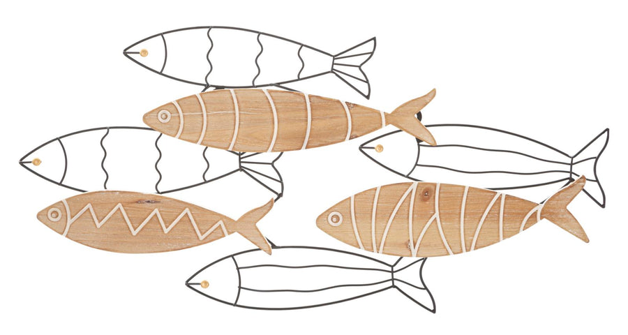 Decoración de pared de metal y madera con peces