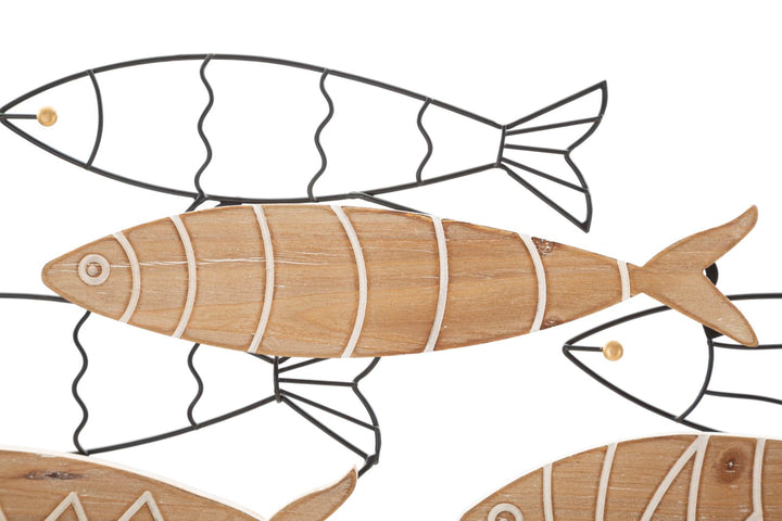 Decoración de pared de metal y madera con peces