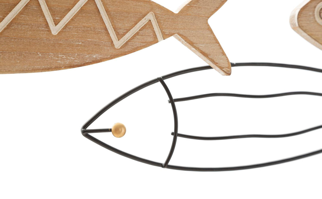 Decoración de pared de metal y madera con peces
