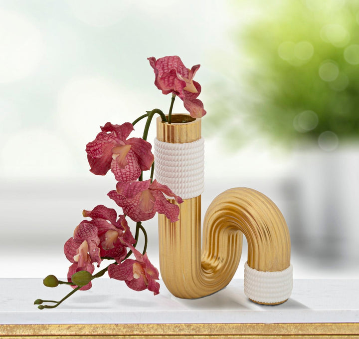 Florero Moderno Dorado y Blanco en Forma de Espiral