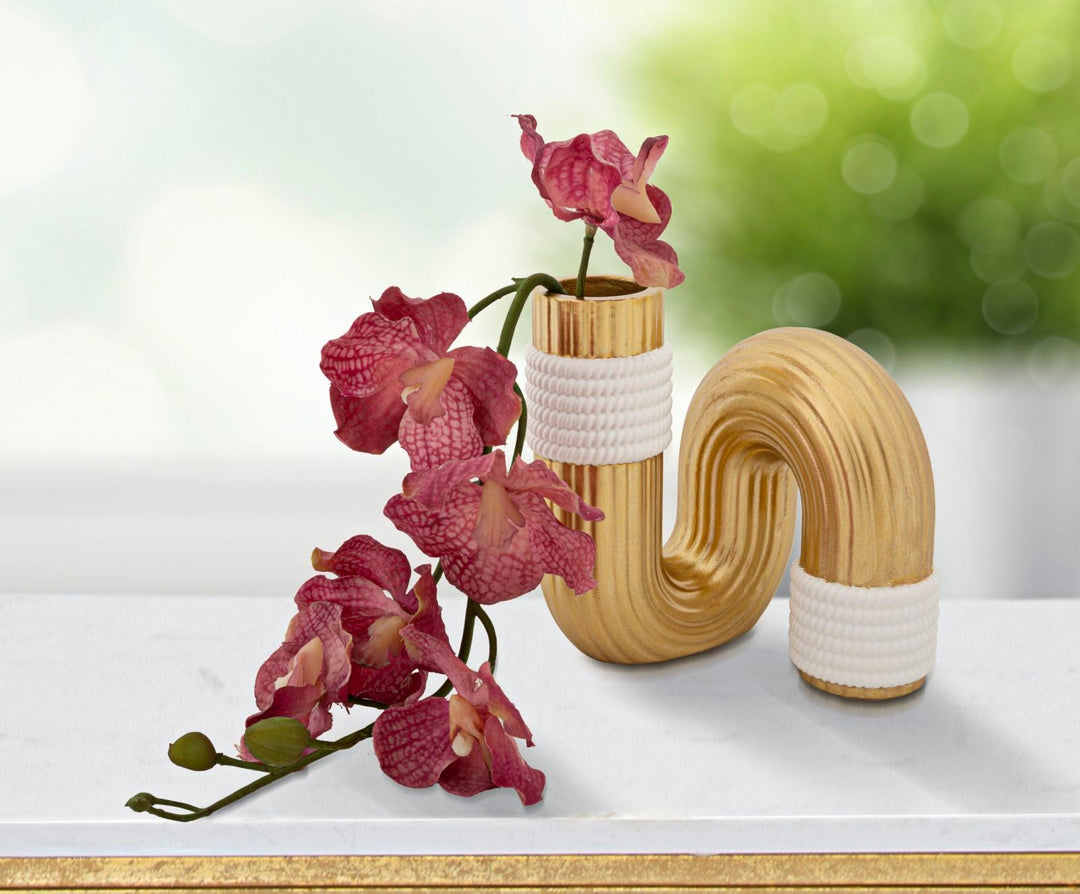 Florero Moderno Dorado y Blanco en Forma de Espiral