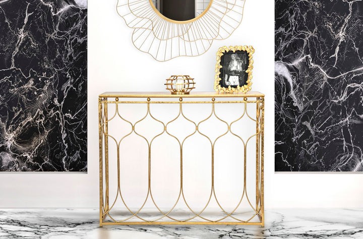 Mesa Consola Rectangular Geométrica en Metal Dorado