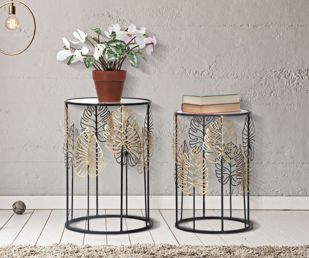 Pareja de Mesitas de Metal Negro y Cristal con Diseño de Hojas