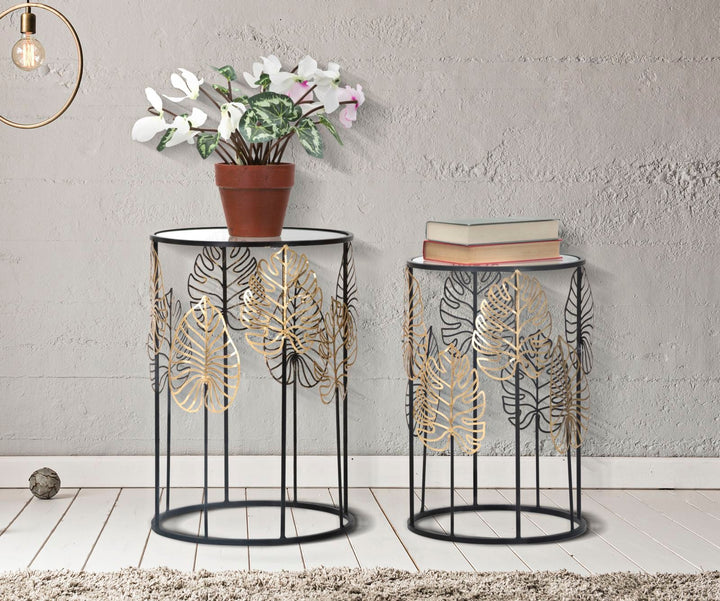 Pareja de Mesitas de Metal Negro y Cristal con Diseño de Hojas