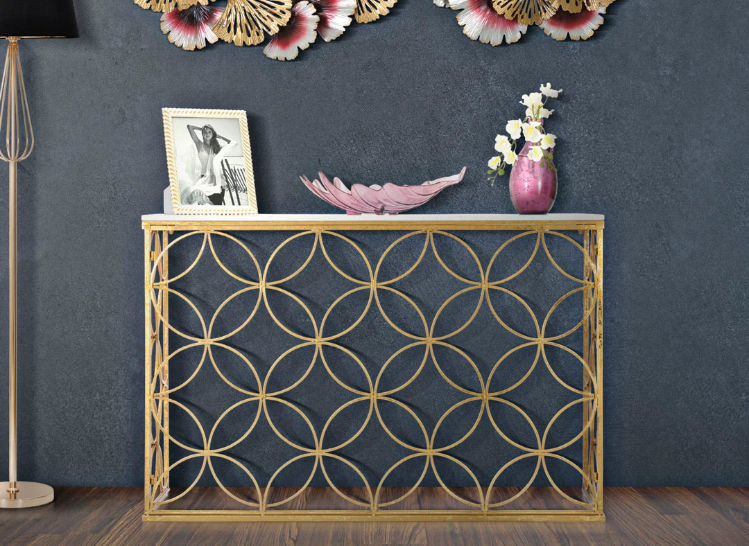 Mesa Consola Geométrica de Metal Dorado con Tapa de Mármol