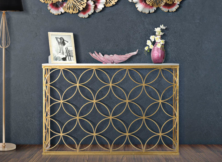 Mesa Consola Geométrica de Metal Dorado con Tapa de Mármol