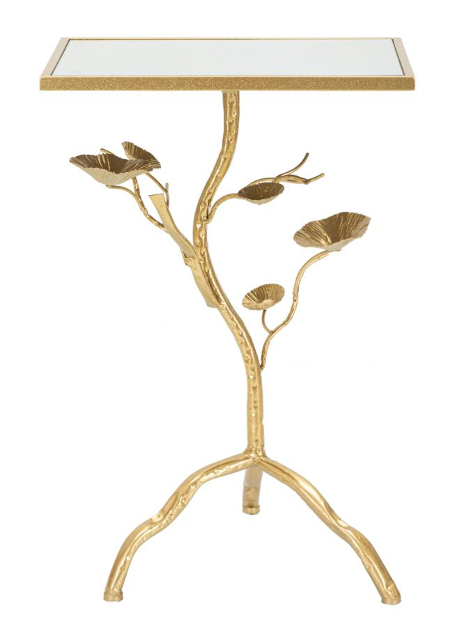 Mesa auxiliar de metal dorado con base decorativa – Tisty diseño