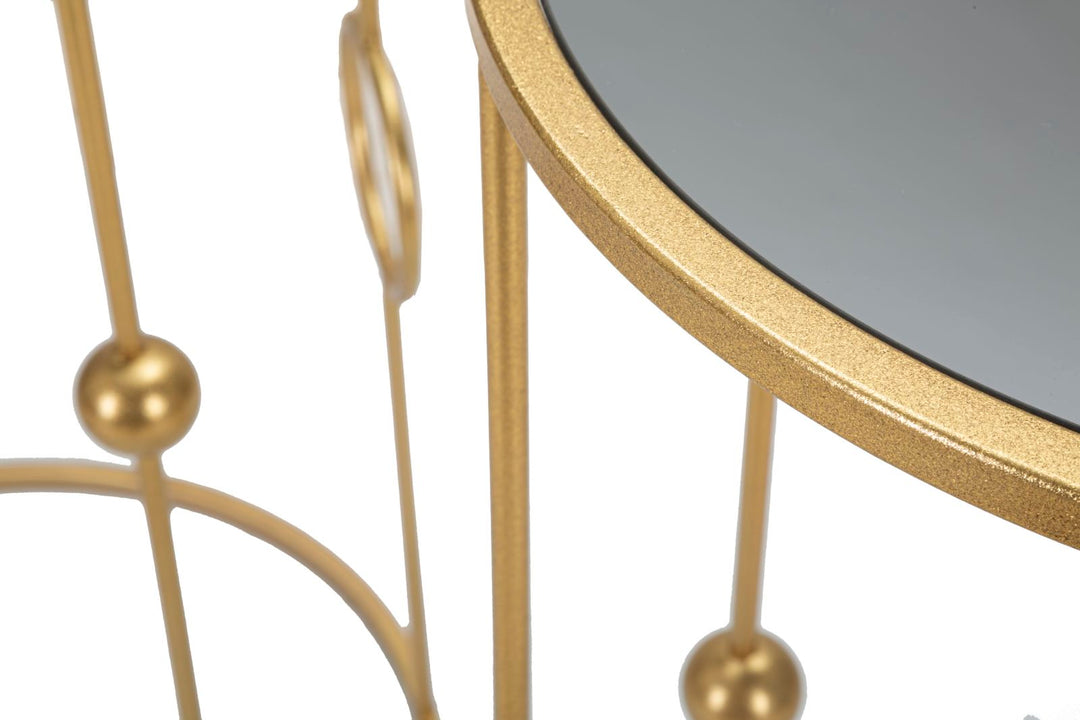 Pareja de Mesitas Redondas de Metal y Cristal Dorado con Decoración Geométrica