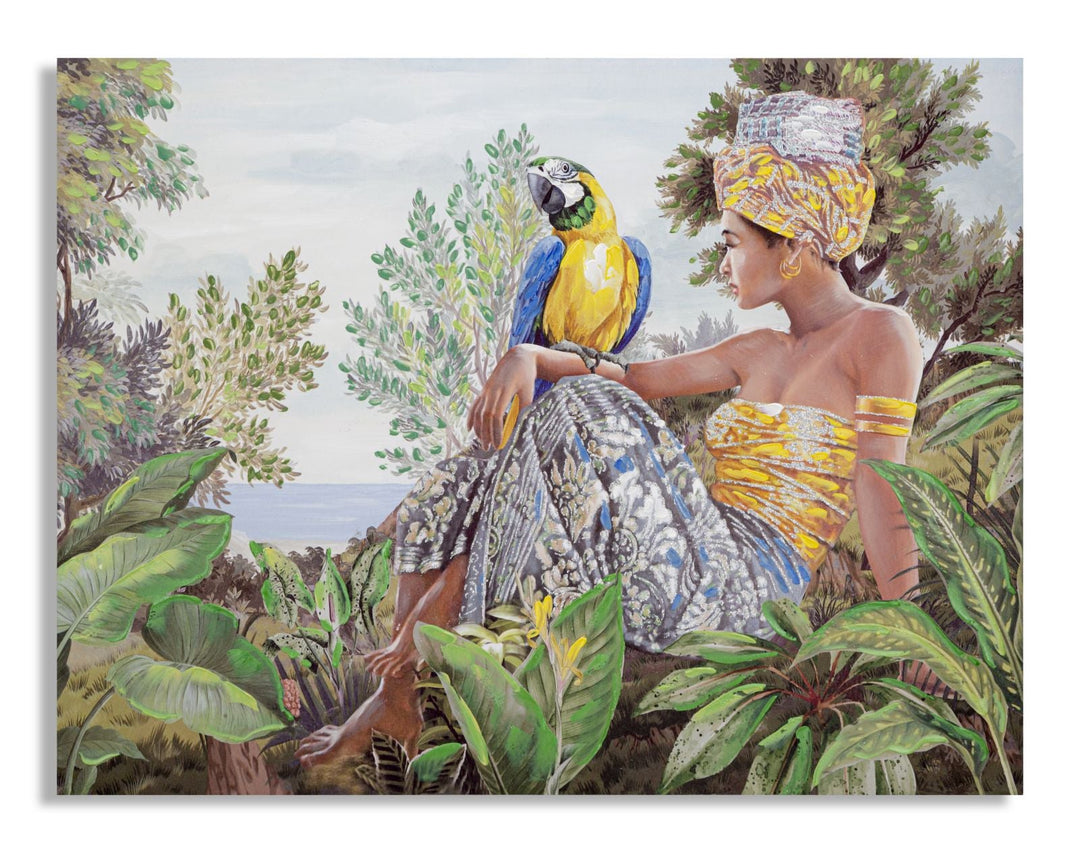 Pintura Mujer Africana en el Bosque con un Loro