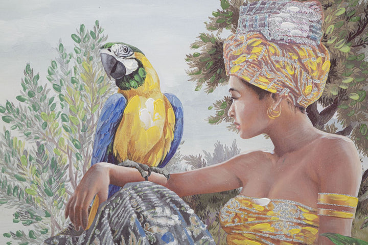 Pintura Mujer Africana en el Bosque con un Loro