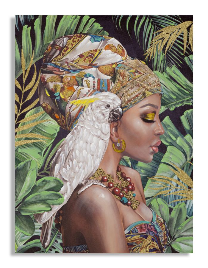 Pintura Mujer Africana en el Bosque con un Loro