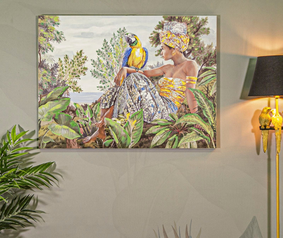 Pintura Mujer Africana en el Bosque con un Loro