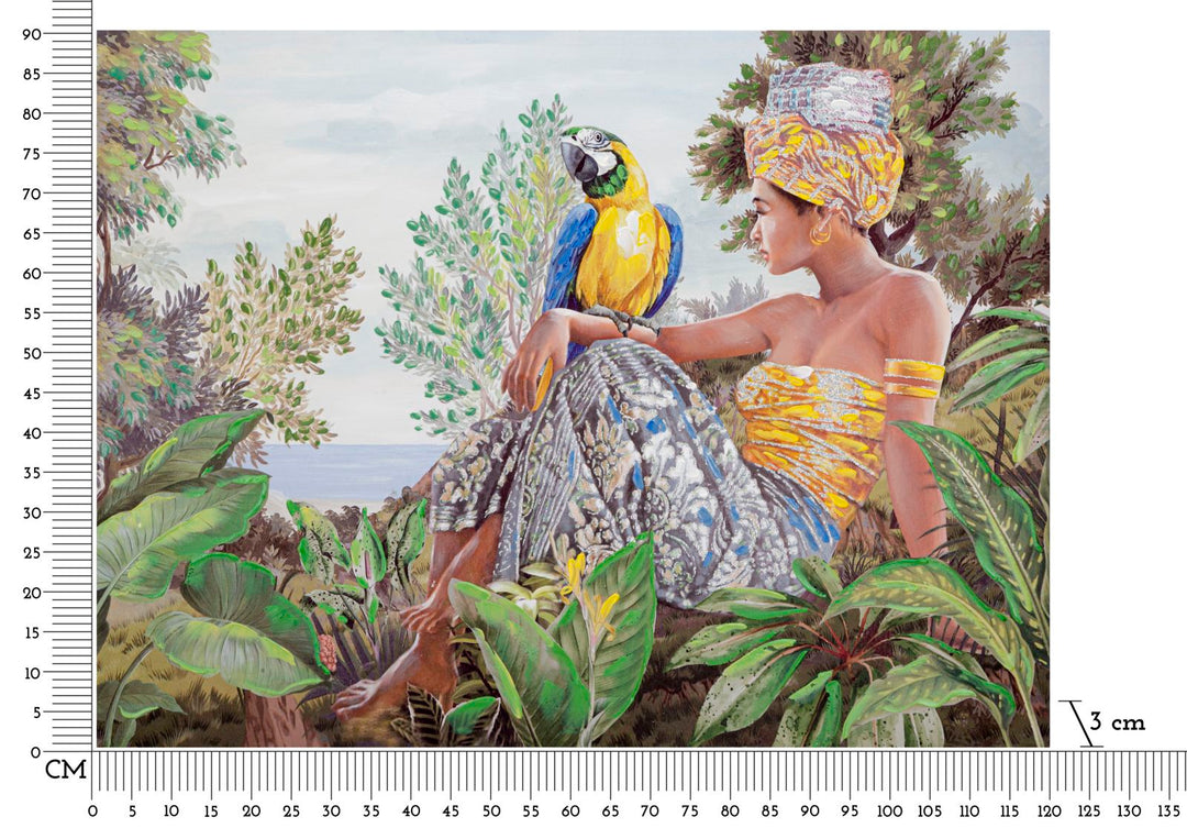 Pintura Mujer Africana en el Bosque con un Loro