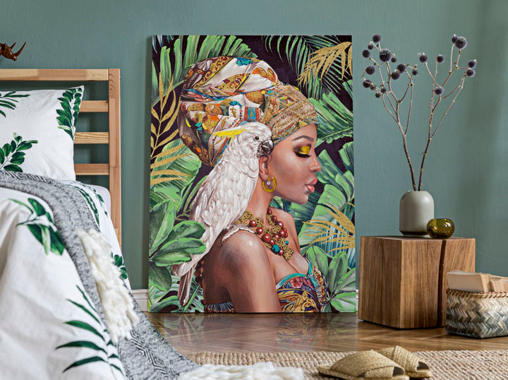 Pintura Mujer Africana en el Bosque con un Loro
