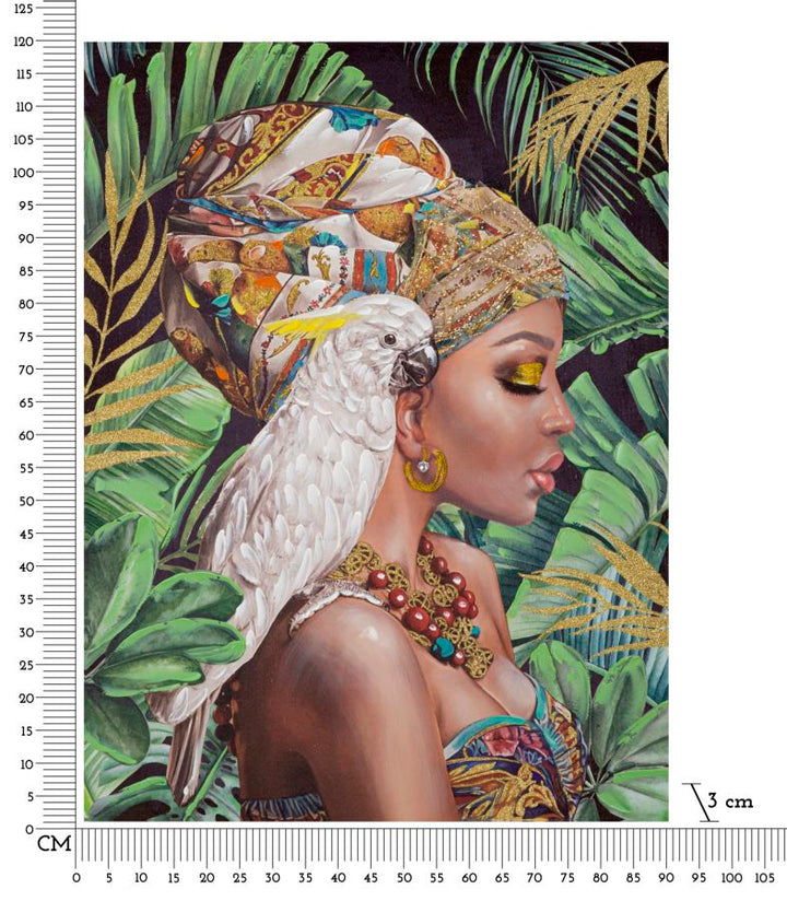Pintura Mujer Africana en el Bosque con un Loro