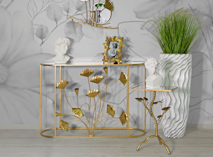 Mesa consola de metal dorado con diseño floral – Flow mesa de acento
