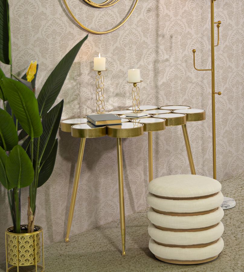 Mesa Redonda Geométrica Pequeña de Metal Dorado y Cristal