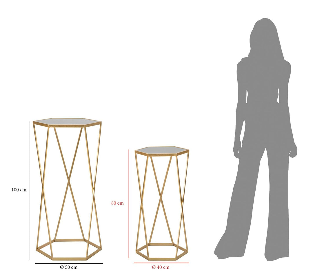 Pareja de Mesitas Hexagonales en Metal y Vidrio Dorado