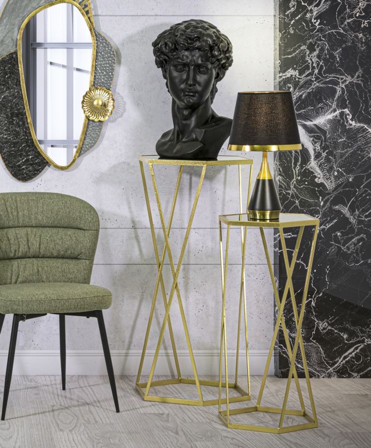 Pareja de Mesitas Hexagonales en Metal y Vidrio Dorado