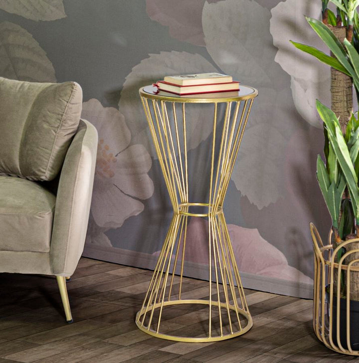 Mesita redonda de metal y cristal dorado