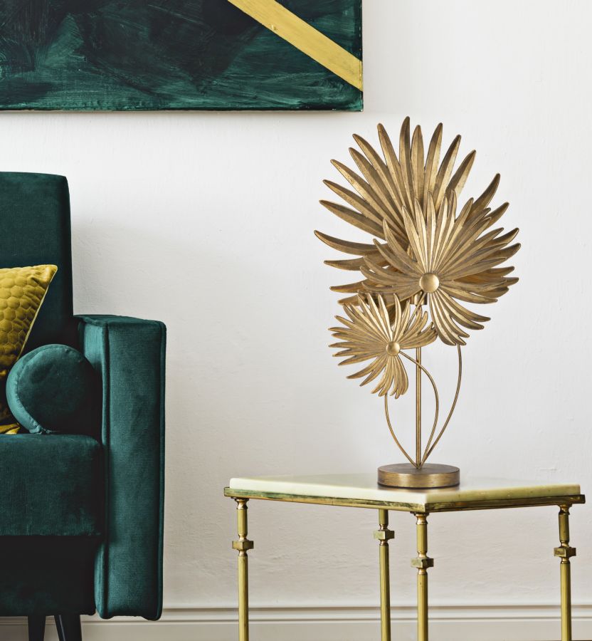 Lámpara de Mesa de Metal Dorado con Hojas Tropicales