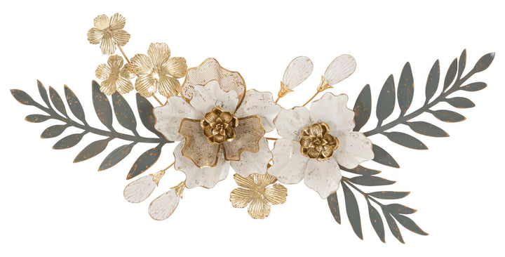 Decoración de pared de metal y madera con flores y hojas