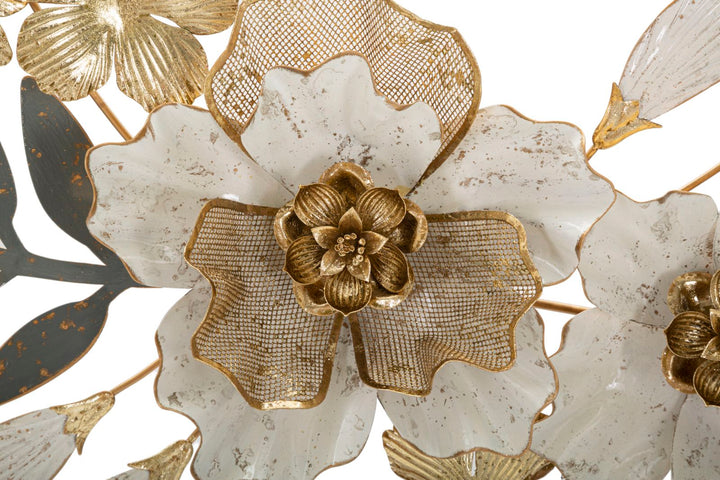 Decoración de pared de metal y madera con flores y hojas