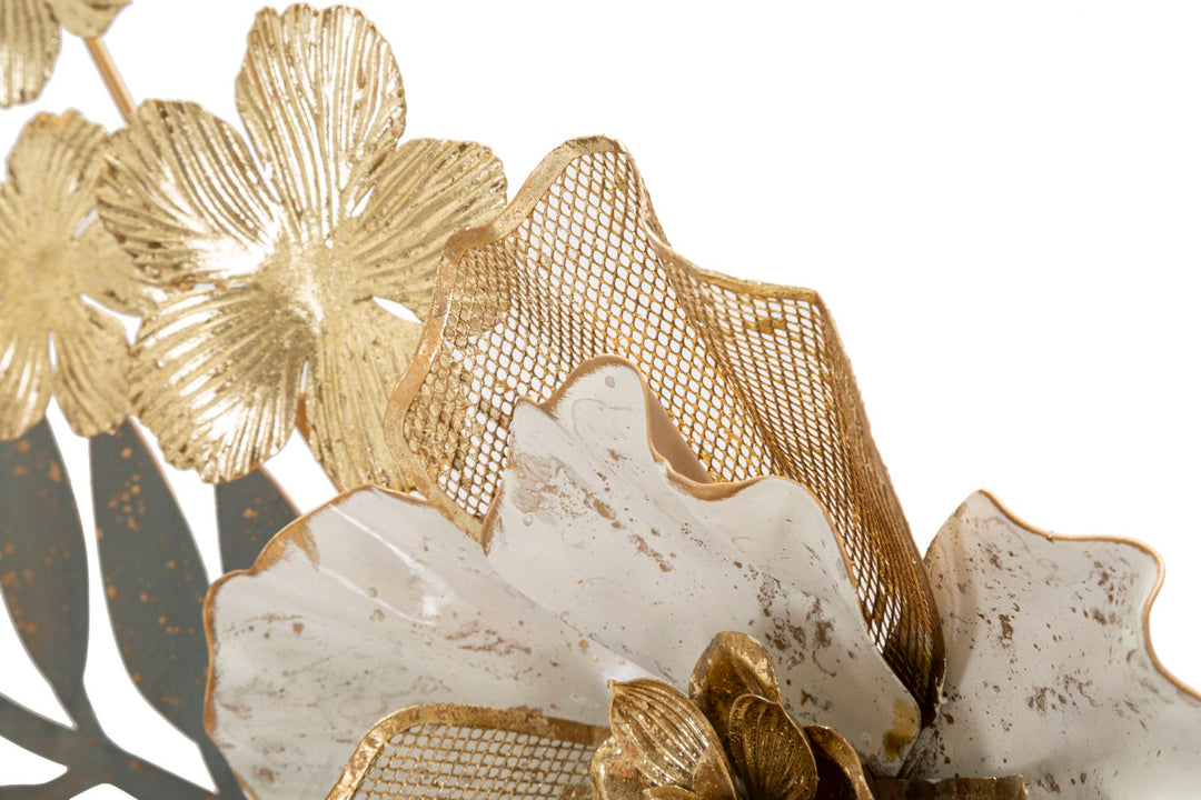 Decoración de pared de metal y madera con flores y hojas