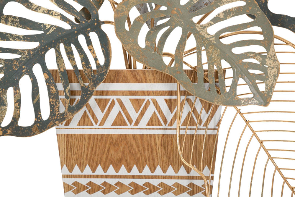 Decoración de Pared Florero con Hojas Tropicales de Metal y Madera