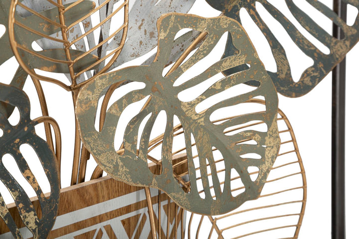 Decoración de Pared Florero con Hojas Tropicales de Metal y Madera