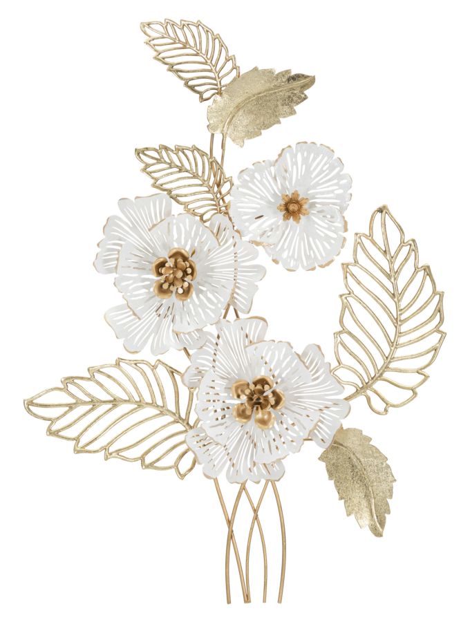 Decoración de pared con motivos florales y hojas en metal dorado y blanco