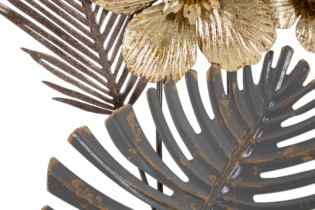 Decoración de pared de metal con estampado de hojas tropicales en marco cuadrado