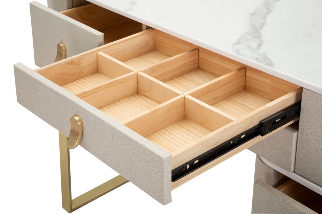 Mesa Peine Dorada y Beige con Tapa y Cajón de Mármol