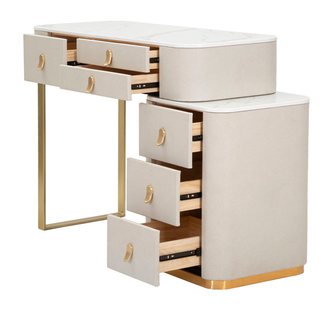 Mesa Peine Dorada y Beige con Tapa y Cajón de Mármol