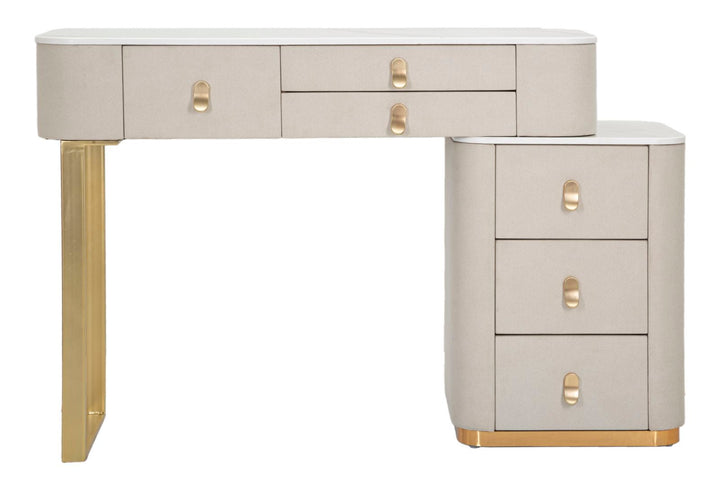 Mesa Peine Dorada y Beige con Tapa y Cajón de Mármol