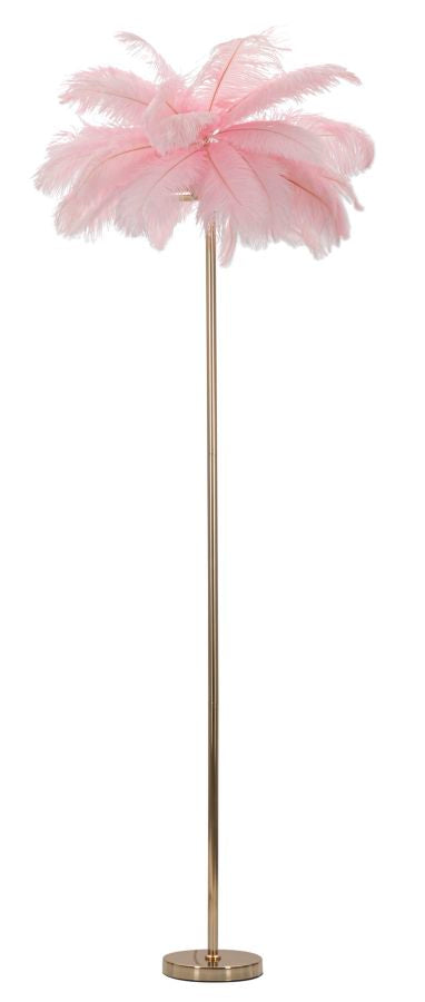 Lámpara de pie de plumas doradas y rosas