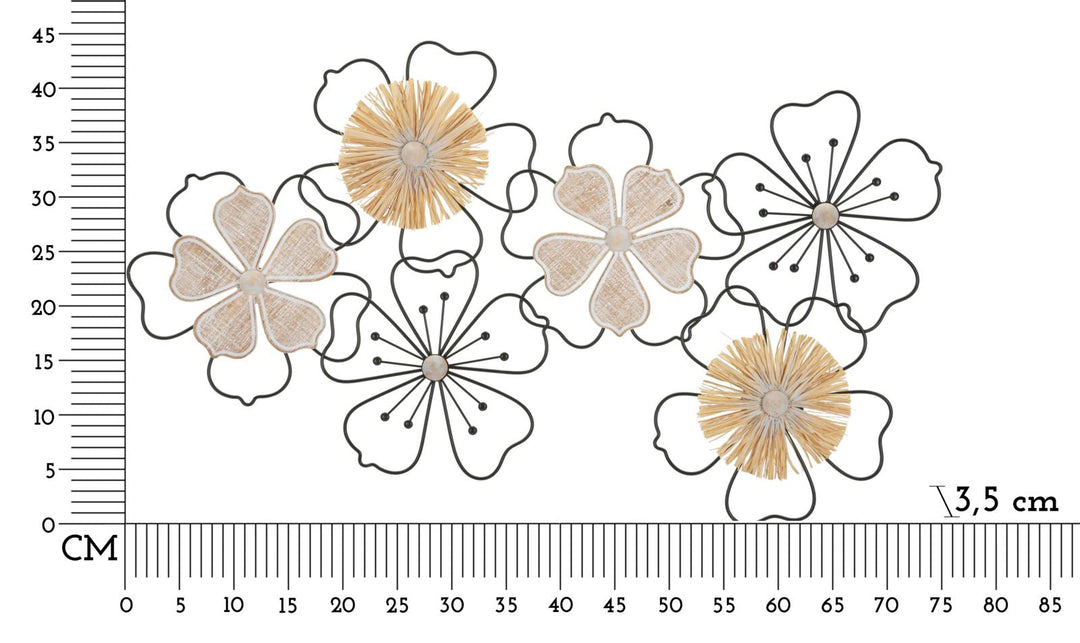 Decoración de pared de metal y madera con flores