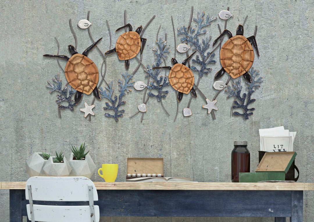 Decoración de pared de tortugas y peces de concha de mar de metal