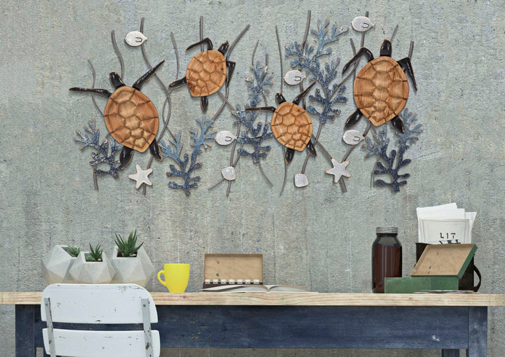 Decoración de pared de tortugas y peces de concha de mar de metal