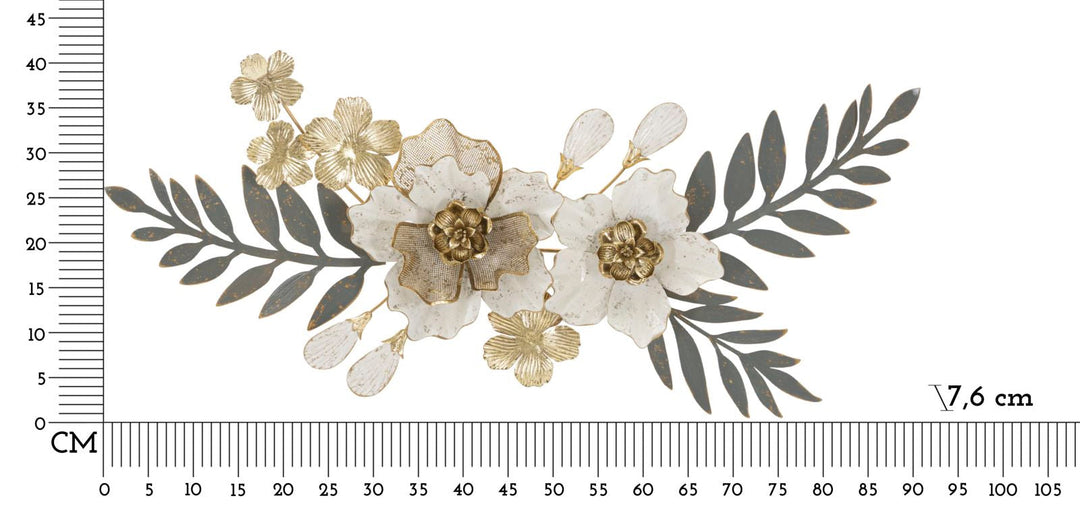 Decoración de pared de metal y madera con flores y hojas