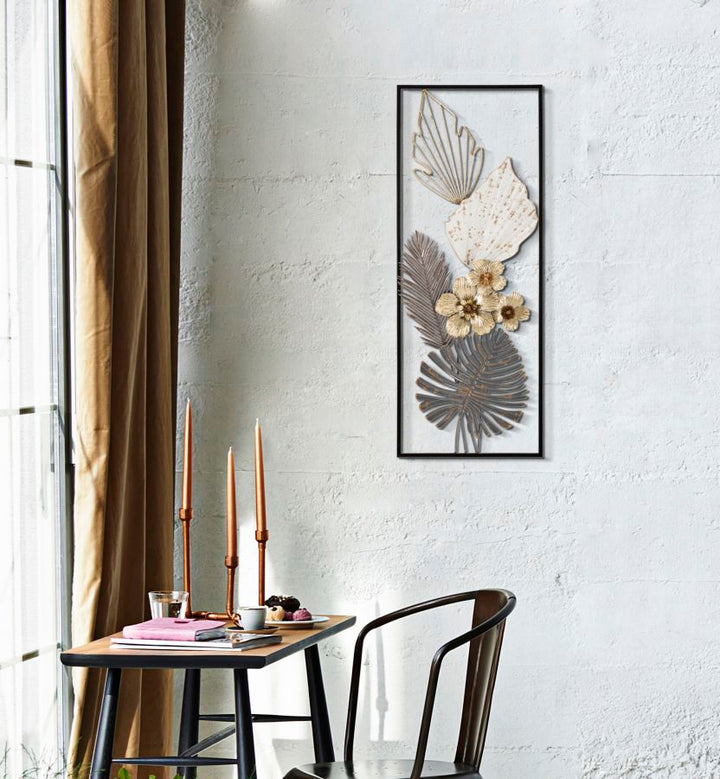Decoración de pared de metal con estampado de hojas tropicales en marco cuadrado