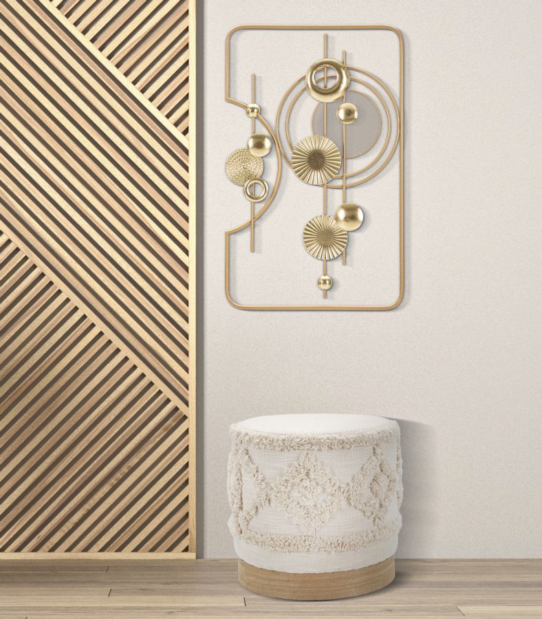 Puff Redondo Crema con Base de Madera