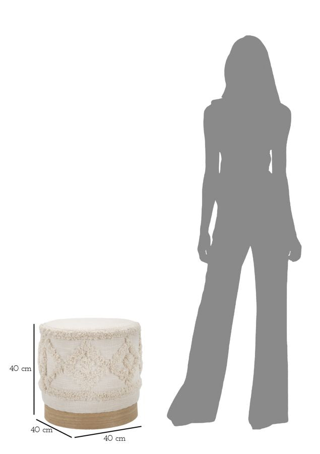 Puff Redondo Crema con Base de Madera