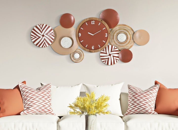 Reloj de Pared de Metal Marrón Decorado con Círculos Geométricos Redondos
