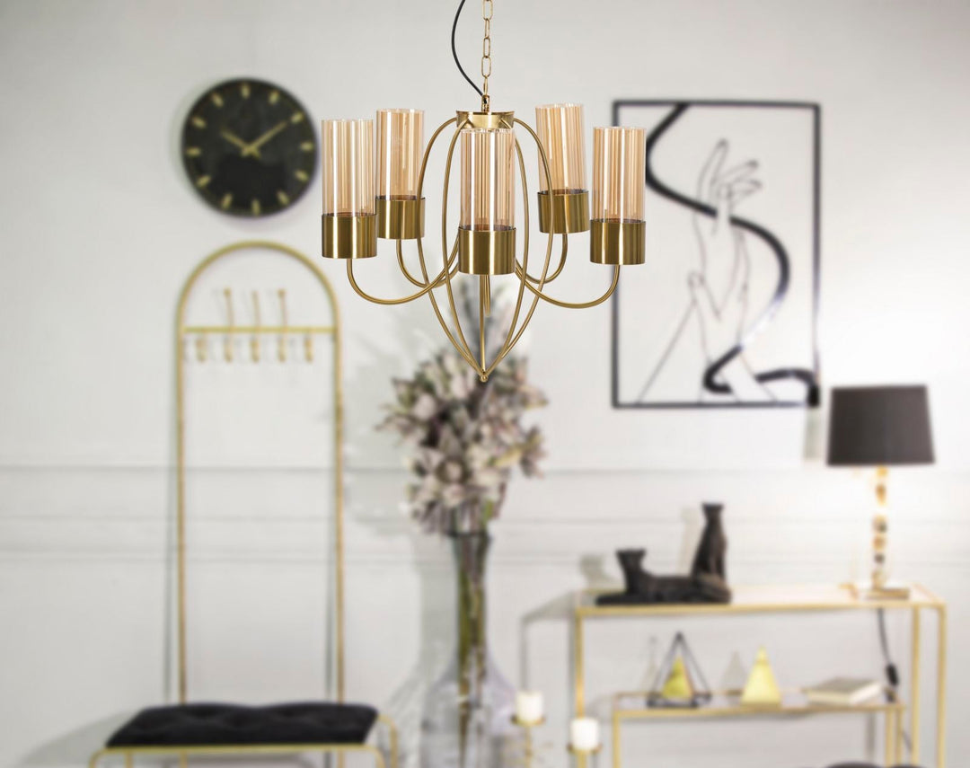 Lámpara de Techo en Forma de Gota de Metal Dorado con 5 Bombillas