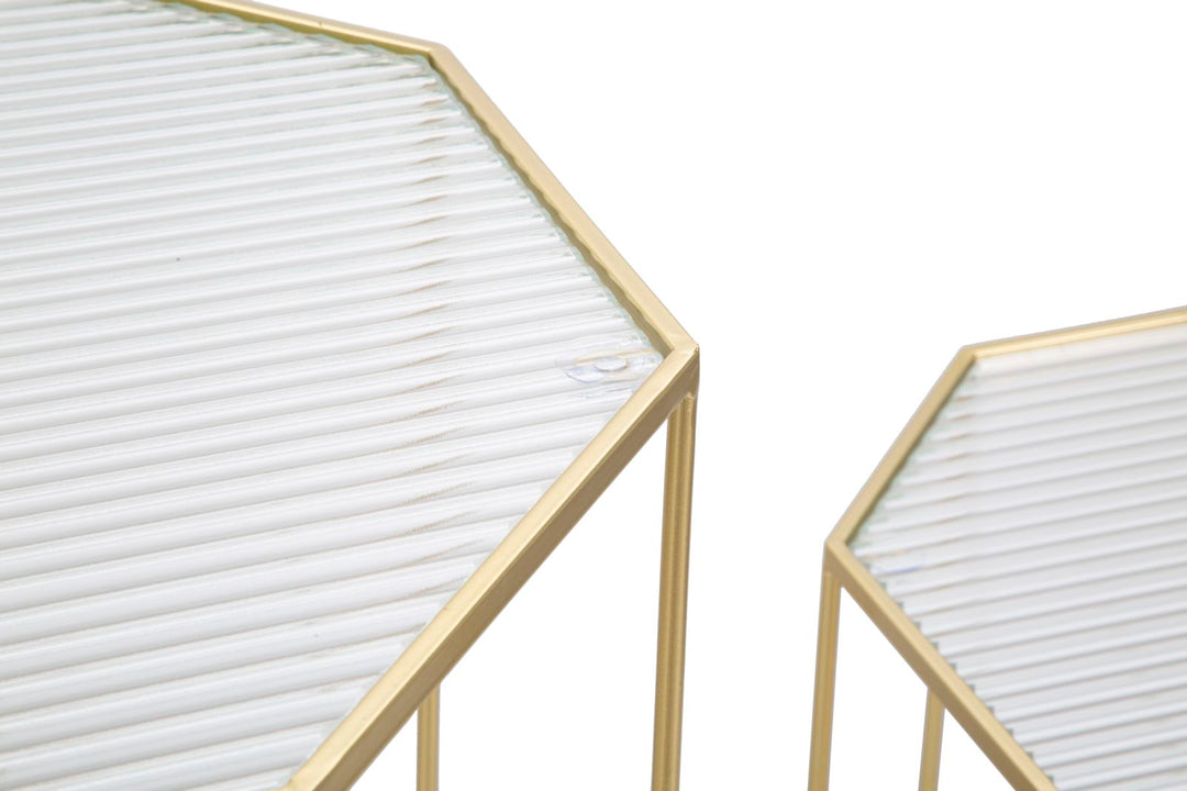 Juego de 2 mesas auxiliares de cristal con marco dorado – New Glass